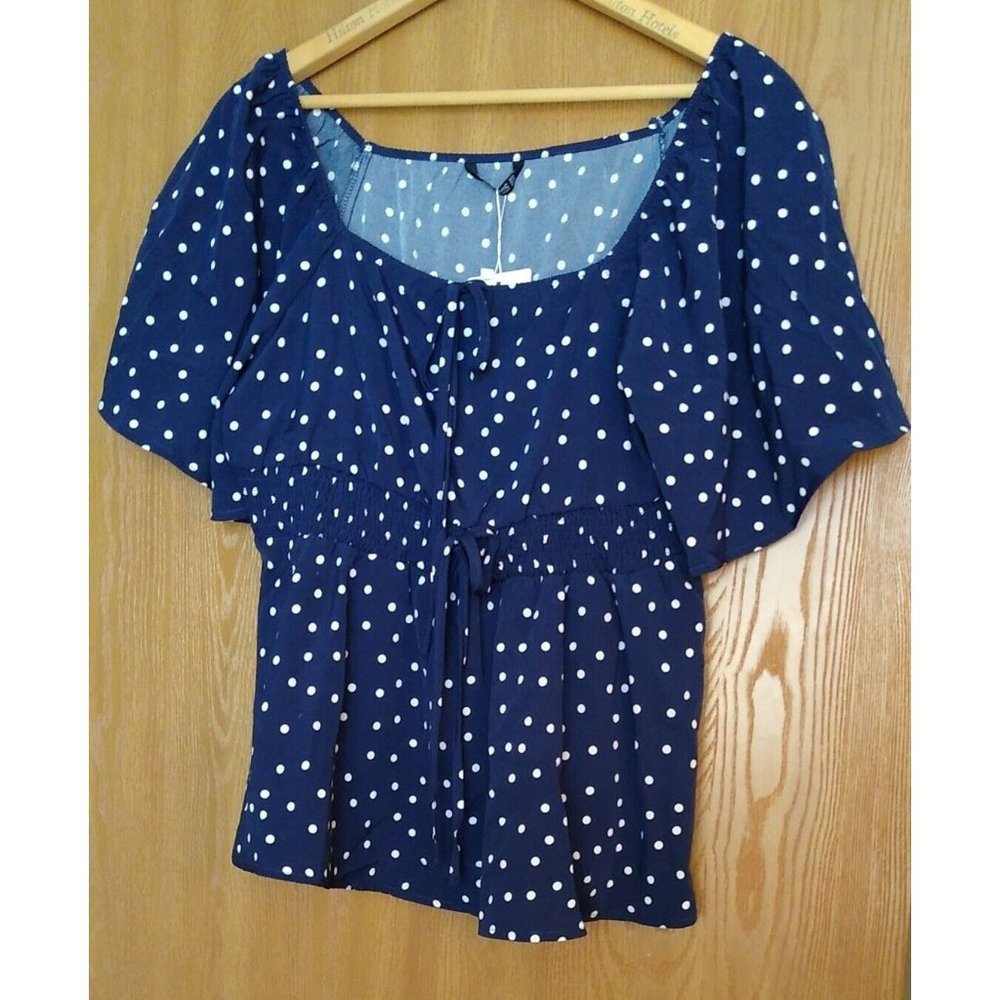 Bloomchic Size 12 Large Navy Polka Dot  Blouse Tunic Elastic Waist New With Tags